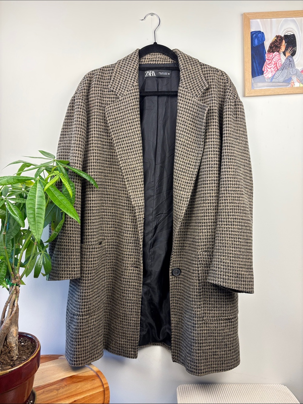 Zara Brown Houndstooth Single-Button Pea Coat